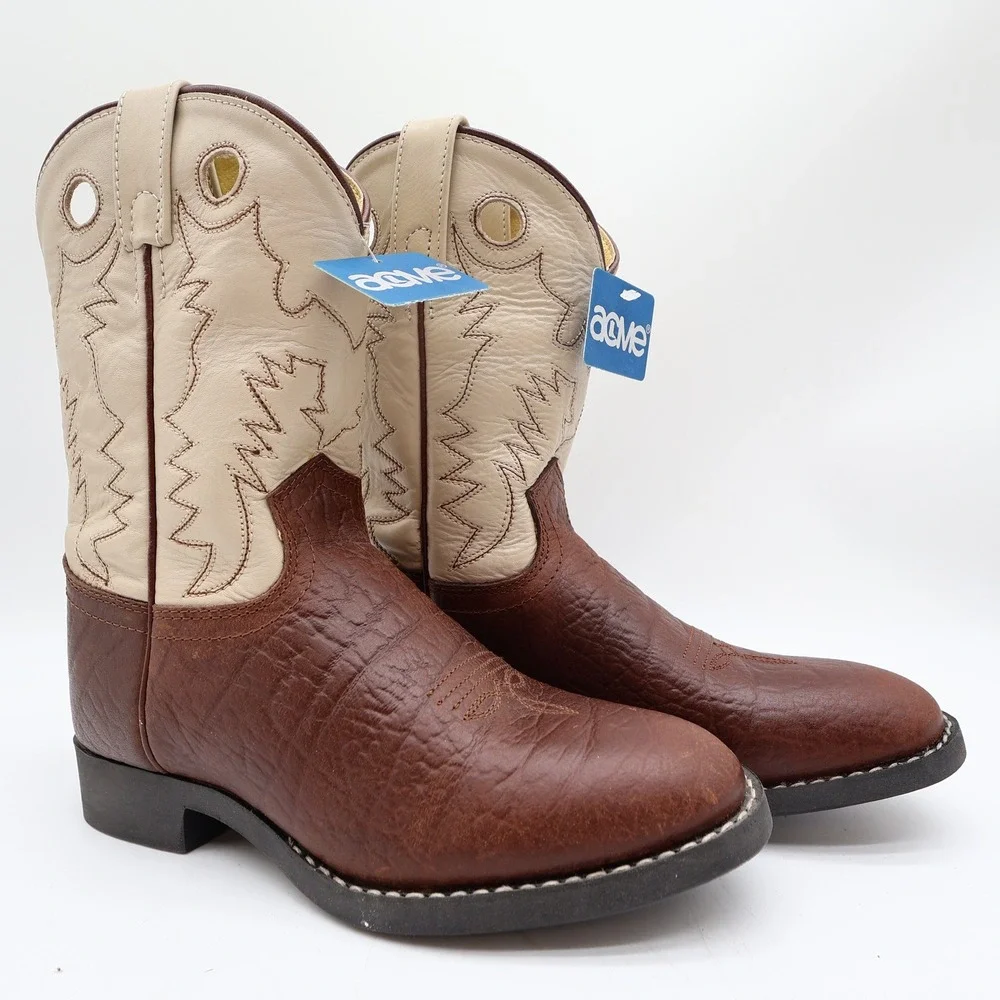 Acme Vintage Cowboy Boots Boys 2 Brown Cream Bullhide Roper NWT Deadstock